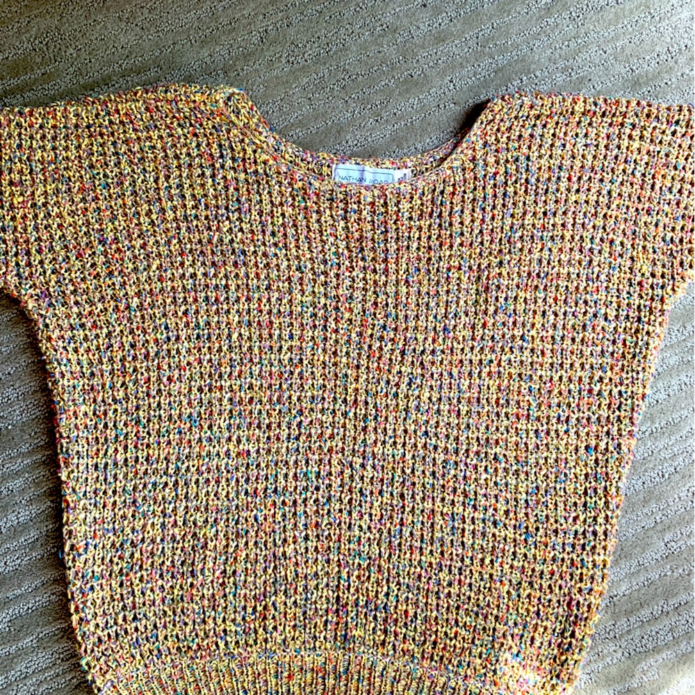 Yellow Short Sleeve Sweater, confetti ribbon yarn, Size Small
